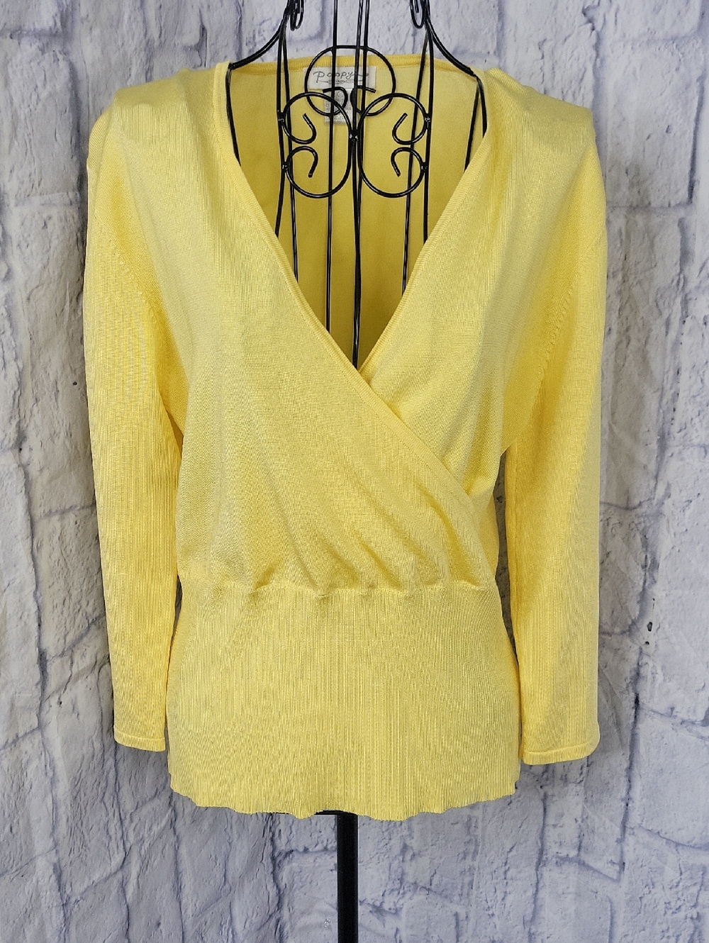 Poppy Yellow Wrap Sweater XL Rayon Knit Long Sleeves Flattering Fit